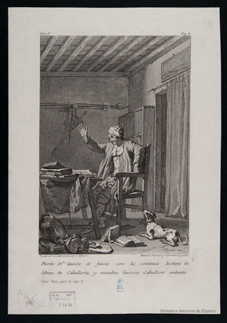 Don Quijote leyendo libros de caballería en su estudio