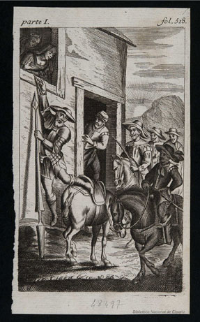 La hija de la ventera y Maritornes atan a don Quijote a la ventana. 