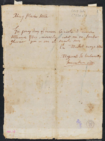 Presunta carta que Miguel de Cervantes envía al Cardenal Sandoval y Rojas. 