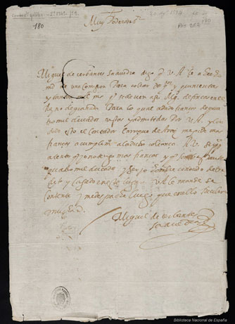 Carta autógrafa de Miguel de Cervantes al contador Enrique de Aray.